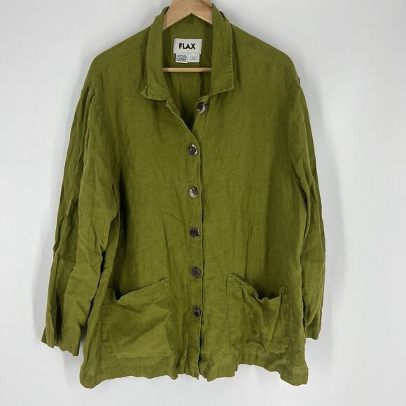 Flax Tunic Shirt Jacket Size Large Avocado Green Linen Button Front Relaxed Top - Picture 1 of 7